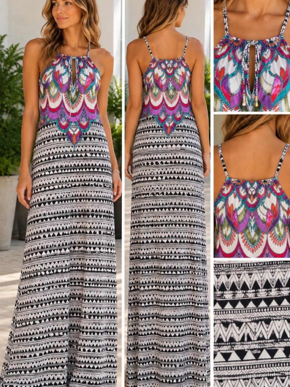 Laundry by Shelli Segal Halter Maxi Dress Geometric Print M